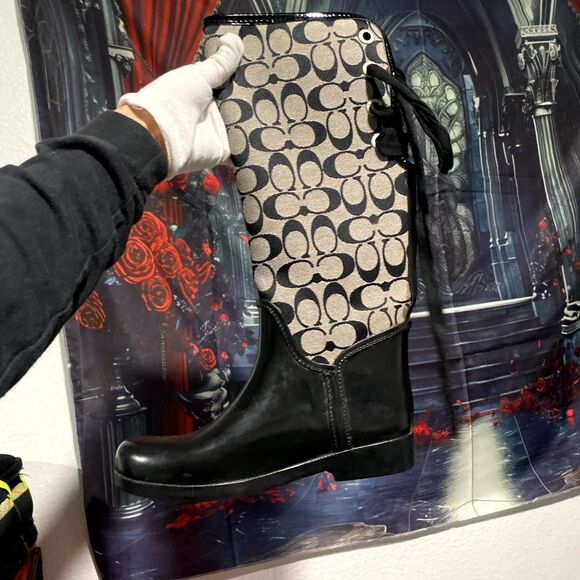 Coach Tristee Women's 7 Black Leather Comfort Lace-Up Mid-Calf Outdoor Rain Boot - Picture 4 of 10